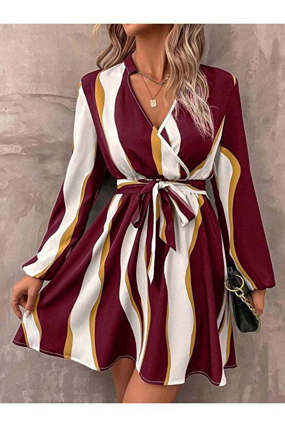 Kadın Uzun Kollu Kruvaze Yakalı Desenli Modal Mini Elbise