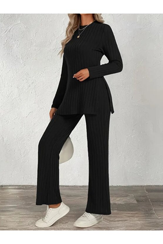 EQURİ Kadın Uzun Kollu Bisiklet Yaka Yandan Yırtmaçlı şardonlu Kaşkorse Bluz Ve Pantolon Ikili Takım