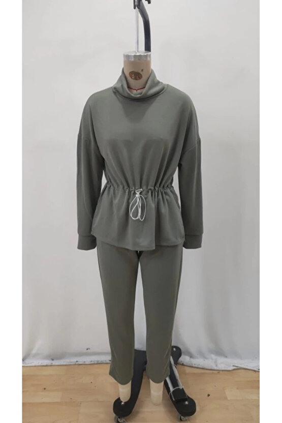 Kadın Uzun Kollu Balıkçı Yaka Belden Lastikli Modal Bluz Ve Pantolon Ikili Takım