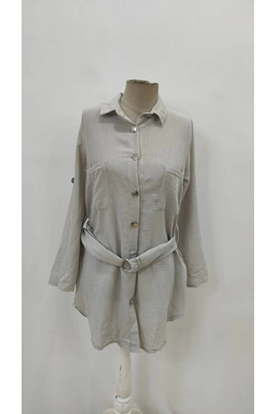 Kadın Uzun Kollu Yakalı önden Düğmeli Beli Kuşaklı Mini Ithal Keten Elbise