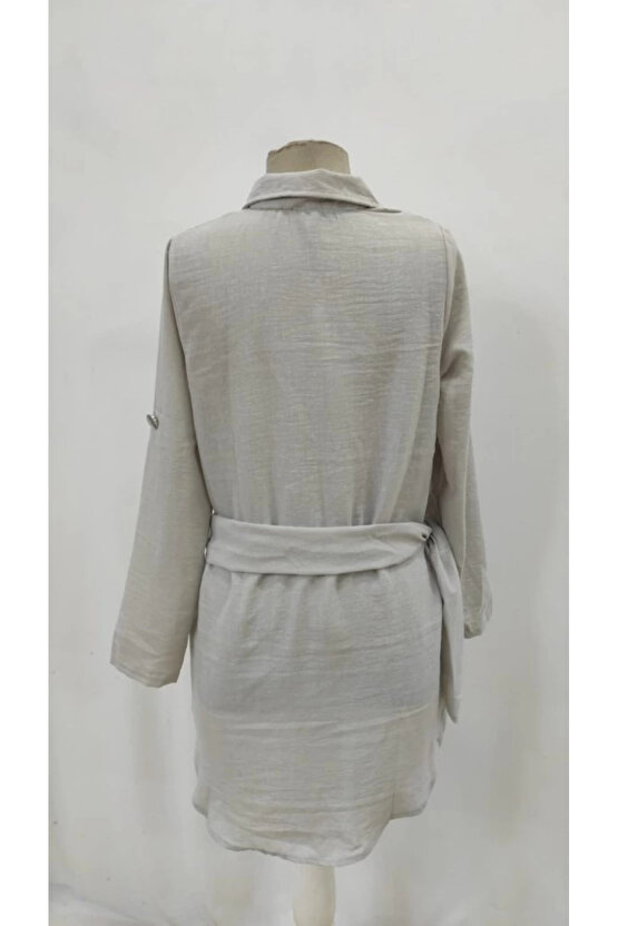 Kadın Uzun Kollu Yakalı önden Düğmeli Beli Kuşaklı Mini Ithal Keten Elbise