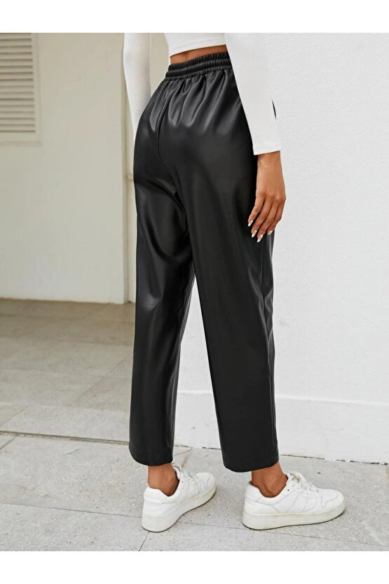 Kadın Yüksel Bel Bağcıklı Deri Pantolon