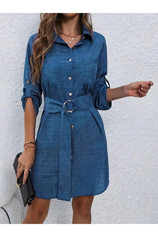 Kadın Uzun Kollu Yakalı önden Düğmeli Beli Kuşaklı Mini Ithal Keten Elbise