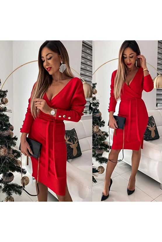 Kadın Uzun Kollu Kruvaze Yaka Bağcık Detay Akrilik Mini Boy Elbise