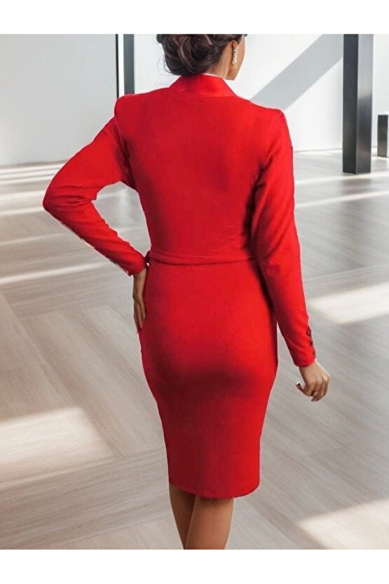 Kadın Uzun Kollu Kruvaze Yaka Bağcık Detay Akrilik Mini Boy Elbise