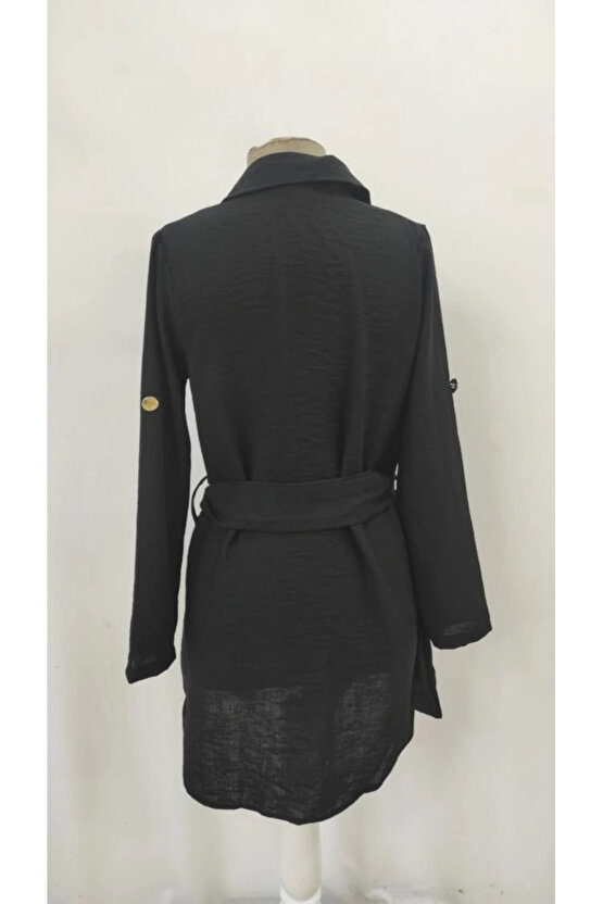 Kadın Uzun Kollu Yakalı önden Düğmeli Beli Kuşaklı Mini Ithal Keten Elbise