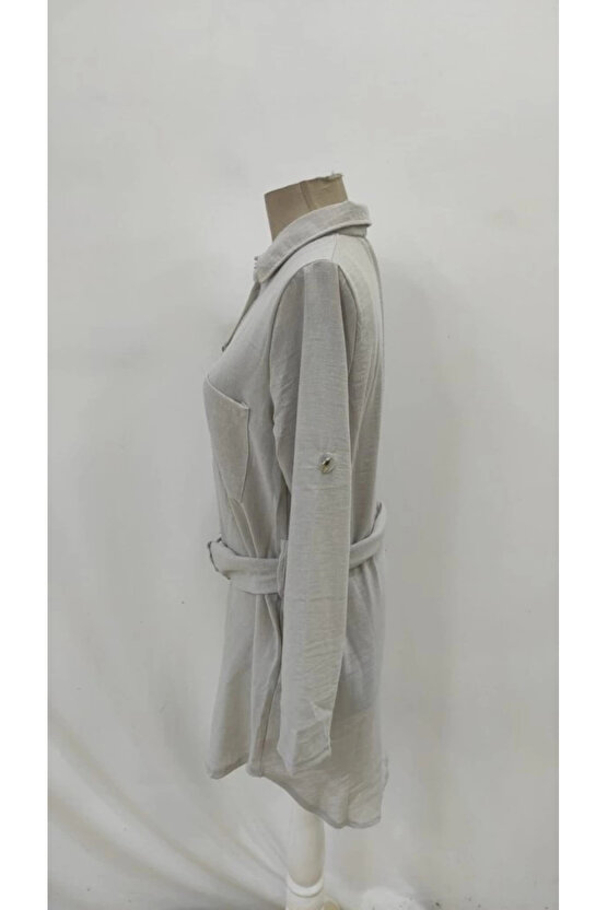 Kadın Uzun Kollu Yakalı önden Düğmeli Beli Kuşaklı Mini Ithal Keten Elbise