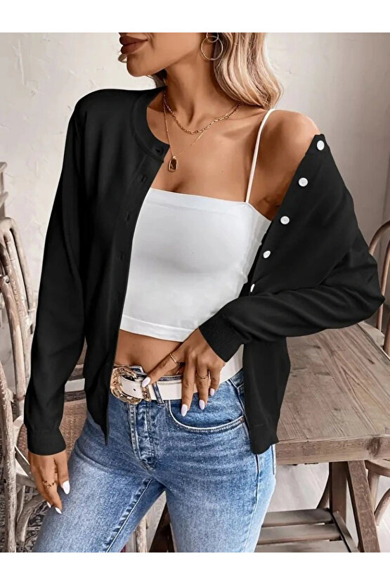 Kadın Uzun Kollu önden Düğmeli Triko Ceket