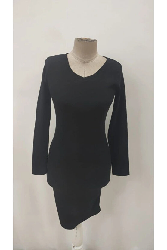 Kadın Uzun Kollu V Yakalı Kısa Kaşkorse Elbise