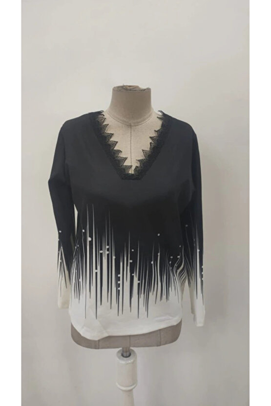 Kadın Uzun Kollu V Dantel Yaka Desenli Modal Bluz