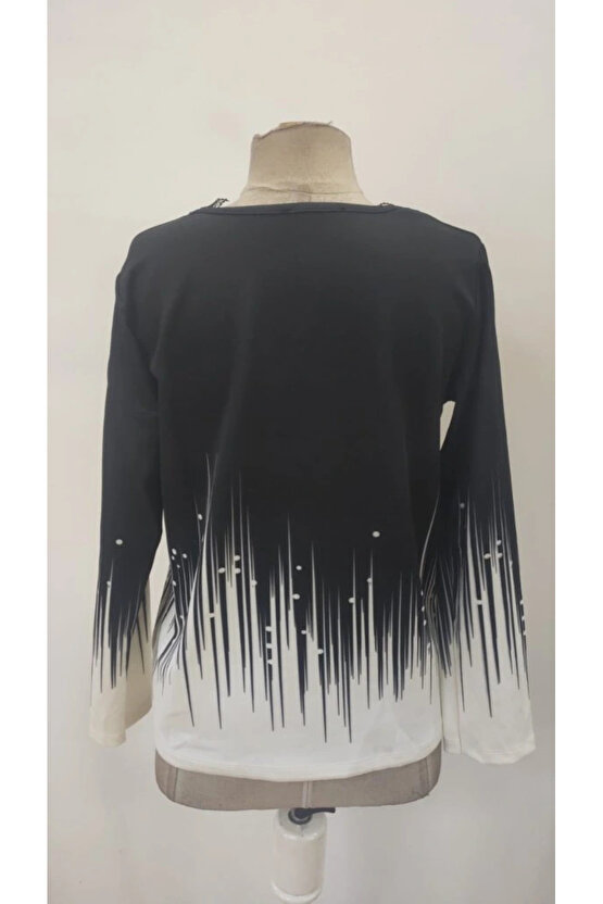 Kadın Uzun Kollu V Dantel Yaka Desenli Modal Bluz