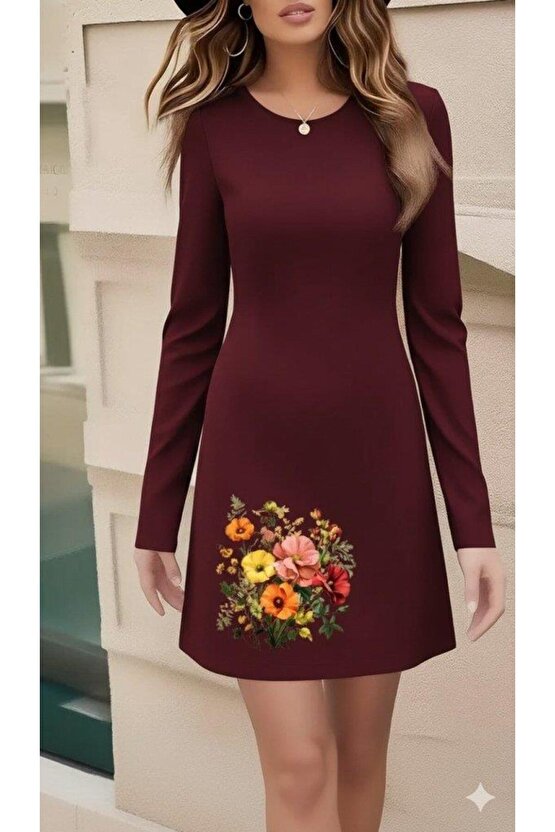 Kadın Uzun Kollu Bisiklet Yaka çiçek Desenli Mini Dalgıç Elbise