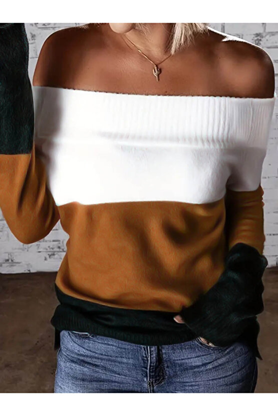 EQURİ Kadın Uzun Kollu Omuzlardan Açık Uzun Kollu Blok çizgili Triko Bluz