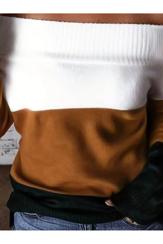 EQURİ Kadın Uzun Kollu Omuzlardan Açık Uzun Kollu Blok çizgili Triko Bluz