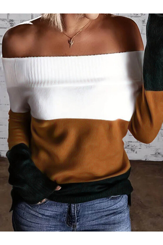 EQURİ Kadın Uzun Kollu Omuzlardan Açık Uzun Kollu Blok çizgili Triko Bluz