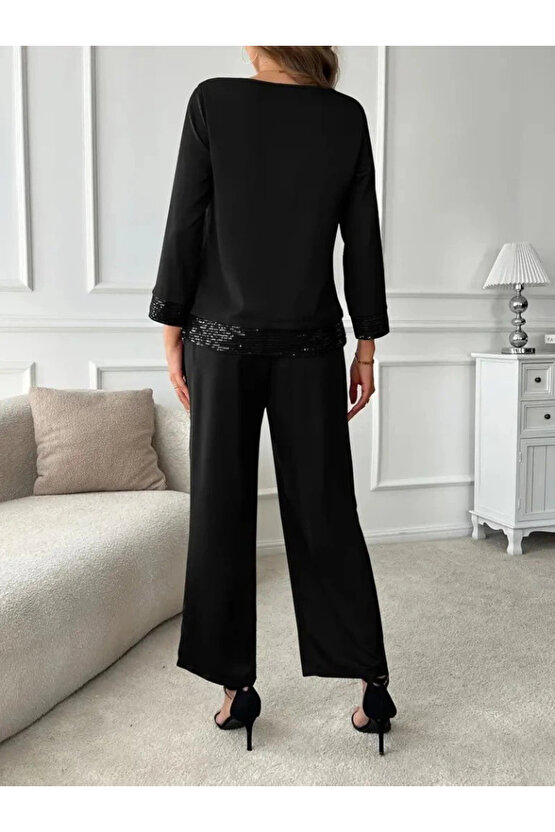 Kadın Uzun Kollu Bisiklet Yaka Pulpayetli Viskon Iki Iplik Bluz Ve Pantolon Ikili Takım