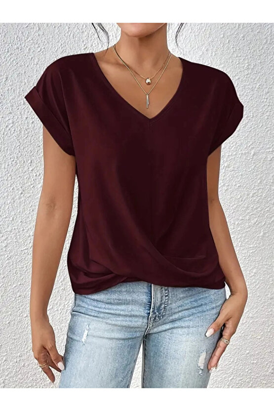Kadın Kısa Kollu V Yakalı önden çapraz Geçmeli Detay Viskon Bluz