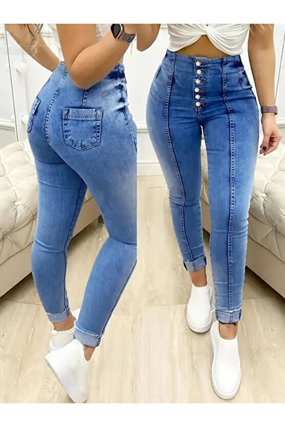 Kadın Yüksek Bel önden Düğmeli Jean Pantolon