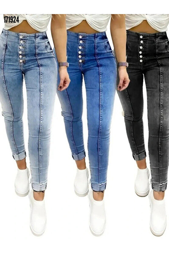 Kadın Yüksek Bel önden Düğmeli Jean Pantolon