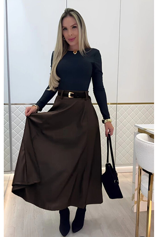 Kadın Yüksek Belli Maxi Deri Kemersiz Etek