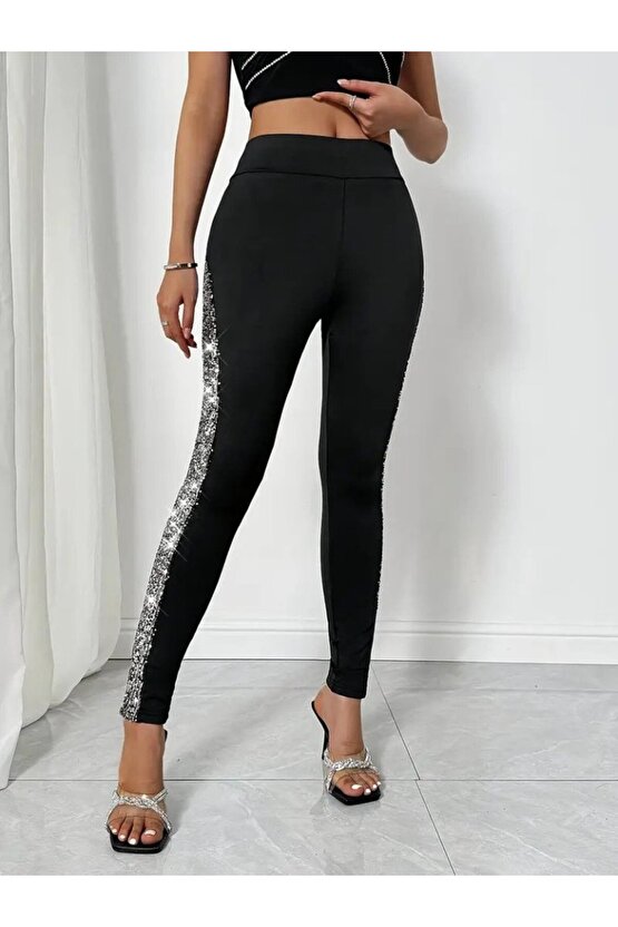 Kadın Yüksek Bel Yarı şerit Pul Payetli Dalgıç Tayt