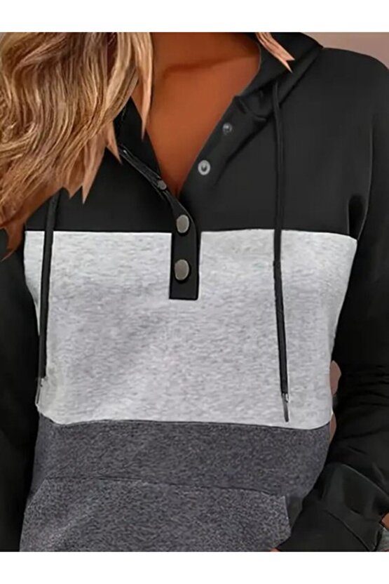 Kadın Uzun Kollu Kapşonlu çok Renkli Iki Iplik Bluz