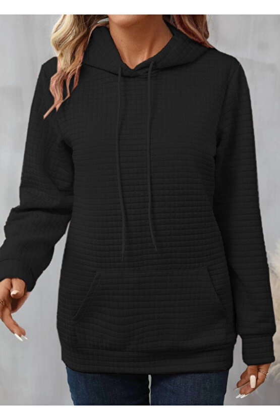 Kadın Uzun Kollu Kapşonlu Bağcıklı Cepli Capitone Sweatshirt