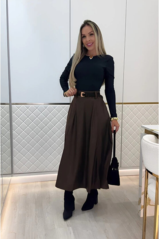 Kadın Yüksek Belli Maxi Deri Kemersiz Etek