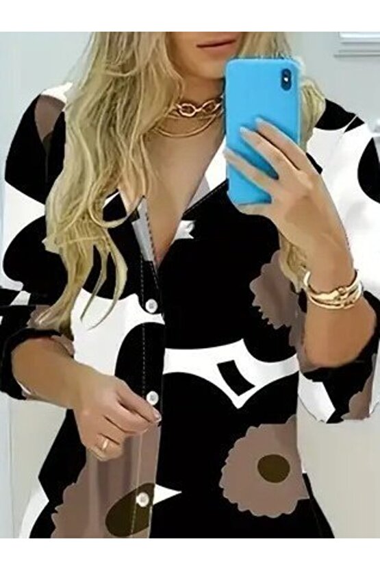 Kadın Yakalı önden Düğmeli çiçek Desenli Uzun Süprem Elbise