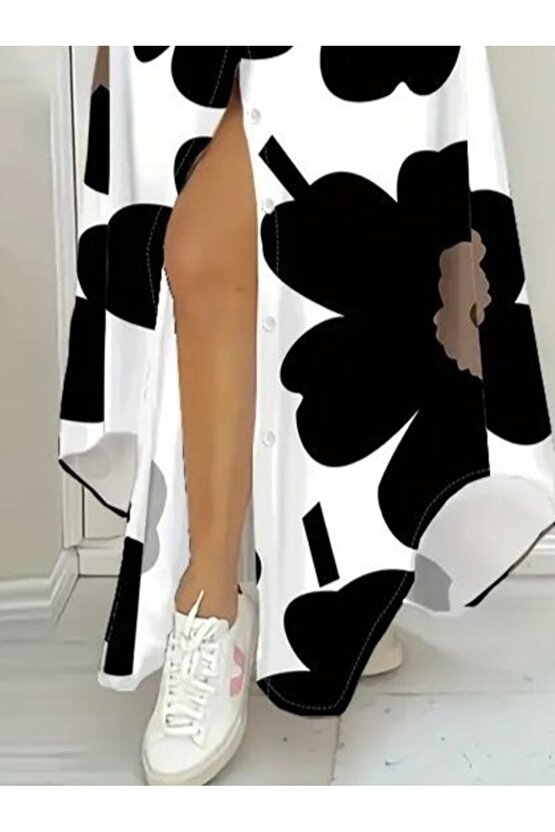 Kadın Yakalı önden Düğmeli çiçek Desenli Uzun Süprem Elbise