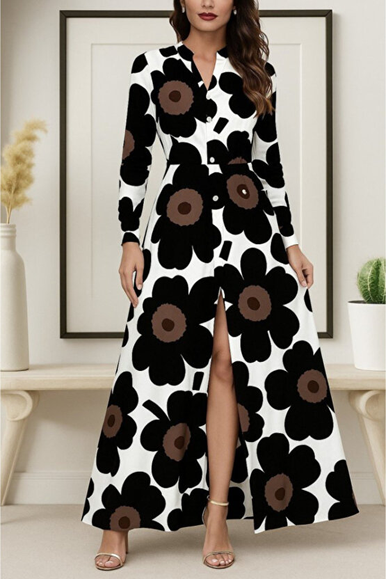 Kadın Yakalı önden Düğmeli çiçek Desenli Uzun Süprem Elbise
