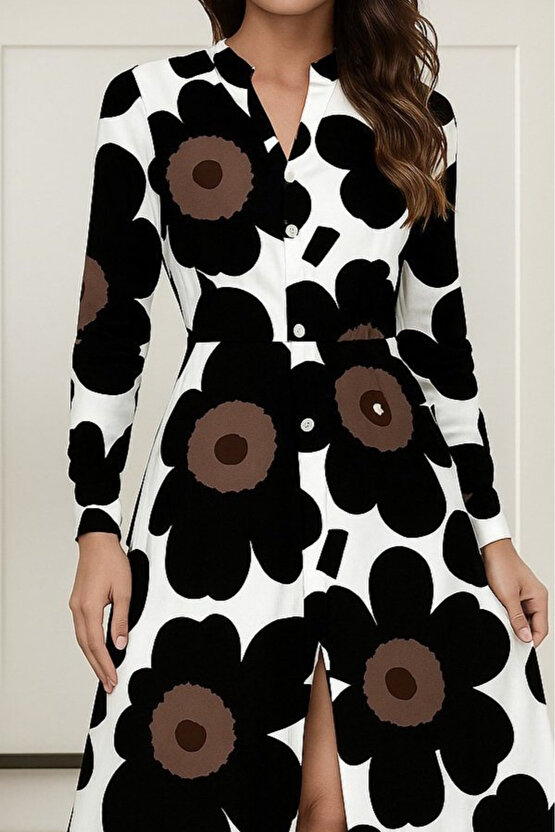Kadın Yakalı önden Düğmeli çiçek Desenli Uzun Süprem Elbise