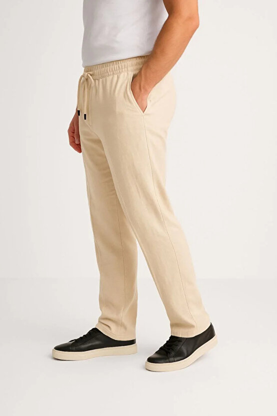 Erkek Keten Pantolon – Cepli, Beli Lastikli ve Bağcıklı, Nefes Alan Rahat Kalıp, Yazlık ve Baharlık