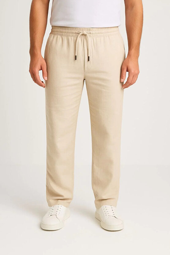 Erkek Keten Pantolon – Cepli, Beli Lastikli ve Bağcıklı, Nefes Alan Rahat Kalıp, Yazlık ve Baharlık