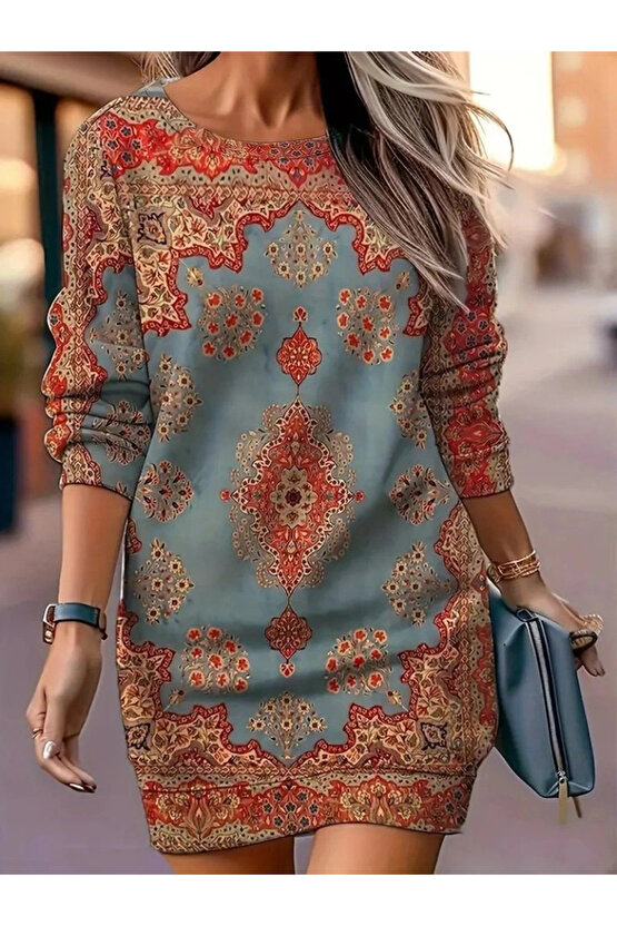 Kadın Uzun Kollu Yuvarlak Yaka Desenli Mini Modal Elbise