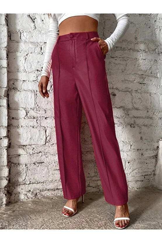 Kadın önden Fermuarlı Cepli Geniş Kesim Lame Deri Pantolon