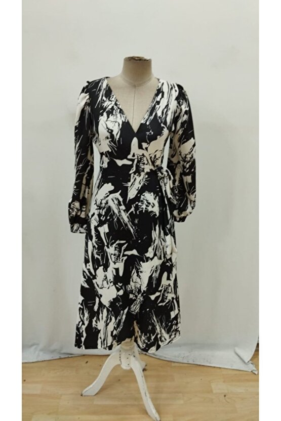 EQURİ Kadın Uzun Kollu Kruvaze Yakalı Yandan Bağlamalı Desenli Mini Modal Elbise