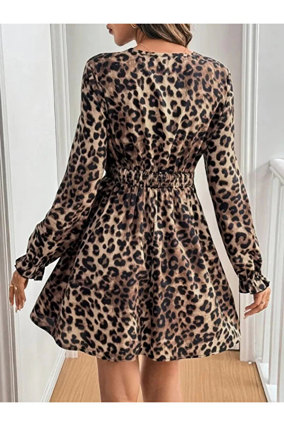 Kadın Uzun Kollu V Dantel Yakalı Leopar Desenli Modal Mini Elbise