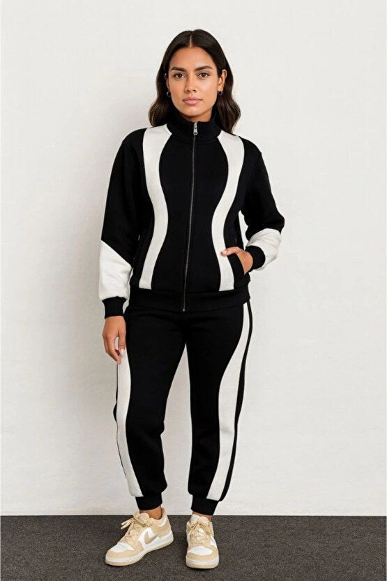 Kadın Premium Parçalı Eşofman Takım - Dik Yaka Fermuarlı Sweatshirt - Siyah