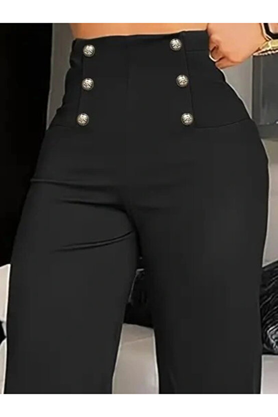 Kadın Yüksek Bel önden Düğmeli Uzun Paçaya Doğru Geniş Ithal Krep Pantolon