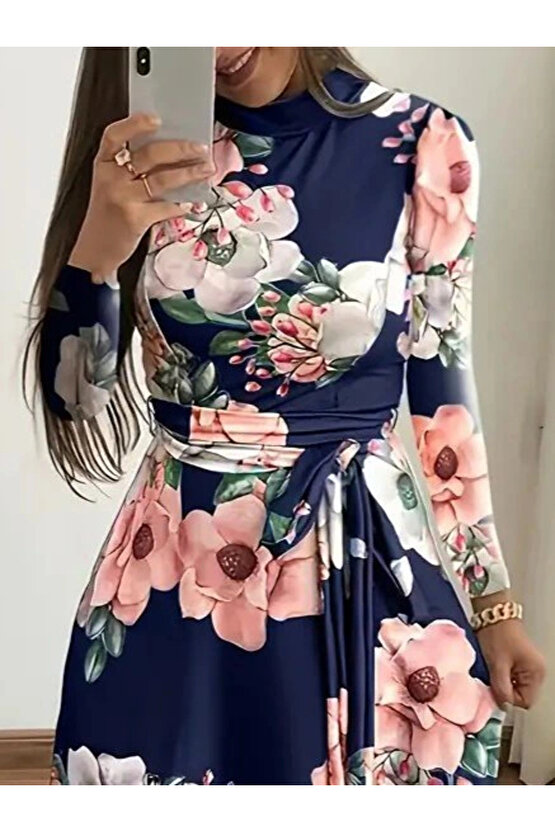 Kadın Uzun Kollu Yuvarlak Yakalı Beli Kuşaklı Desenli Süprem Uzun Elbise