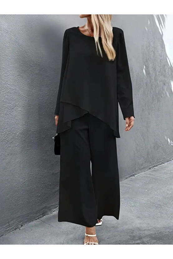 Kadın Uzun Kollu Asimetrik Detaylı Salaş Sandy Bluz Ve Pantolon Ikili Takım