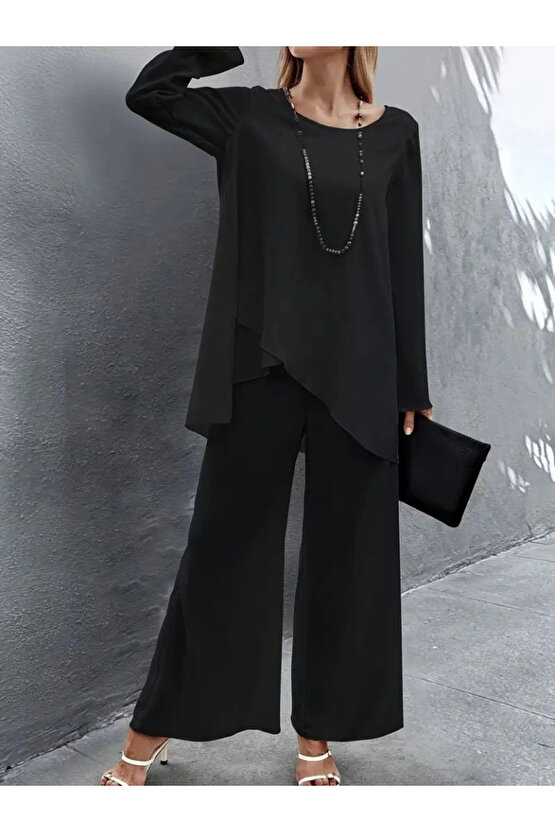 Kadın Uzun Kollu Asimetrik Detaylı Salaş Sandy Bluz Ve Pantolon Ikili Takım