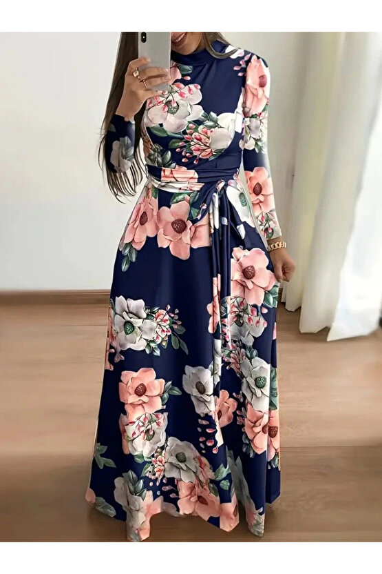 Kadın Uzun Kollu Yuvarlak Yakalı Beli Kuşaklı Desenli Süprem Uzun Elbise