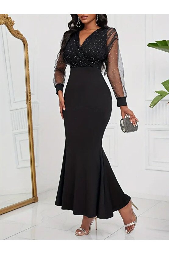 EQURİ Kadın Uzun Kollu Kruvaze Yakalı Taş Ve Tül Detaylı Uzun Ithal Krep Elbise