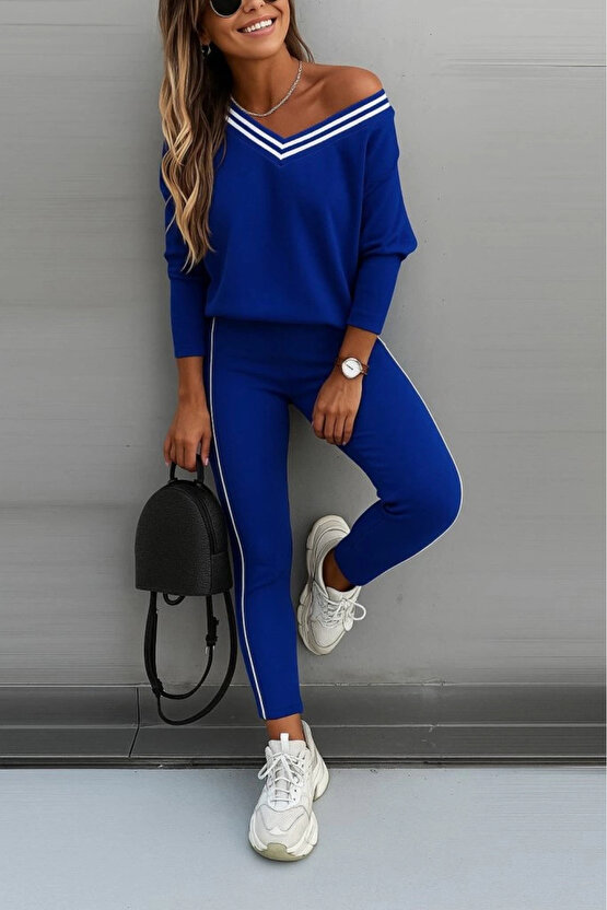 Kadın Uzun Kollu Tek Omuzu Açık Detaylı Viskon Iki Iplik Bluz Ve Pantolon Ikili Takım