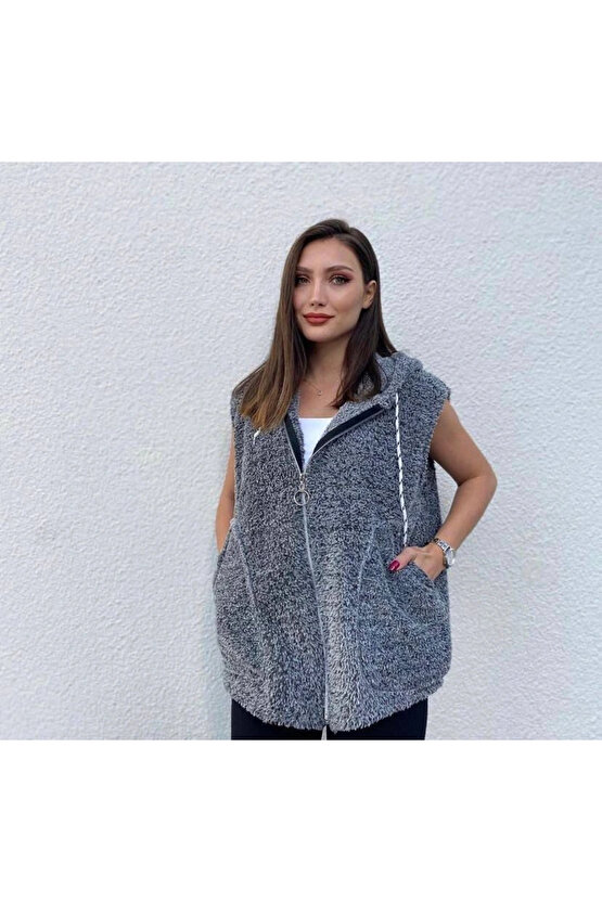 Kadın Kapüşon Ve Fermuar Detay Welsoft Kolsuz Yelek