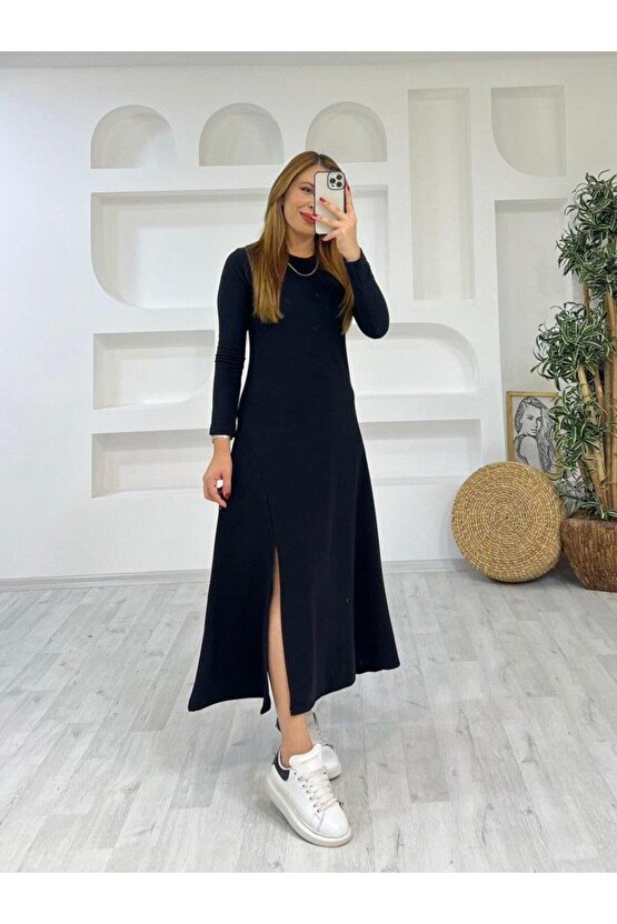 Kadın Uzun Kollu Bisiklet Yaka Size Kadar Yırtmaç Detay Maxi Boy Elbise