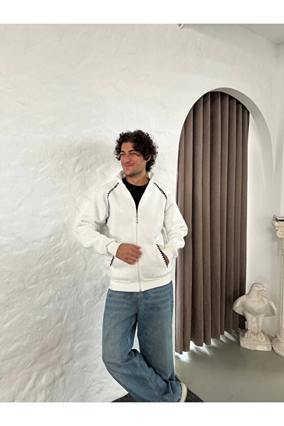 EQURİ Erkek Oversize Dik Yaka Fermuarlı Sweatshirt - Zincir Nakışli Kanguru Cepli - Beyaz