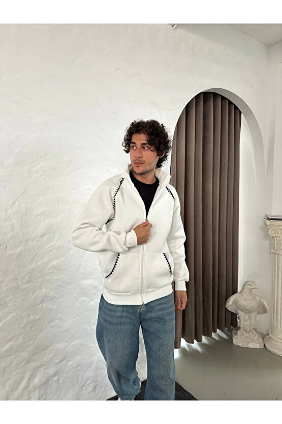 EQURİ Erkek Oversize Dik Yaka Fermuarlı Sweatshirt - Zincir Nakışli Kanguru Cepli - Beyaz